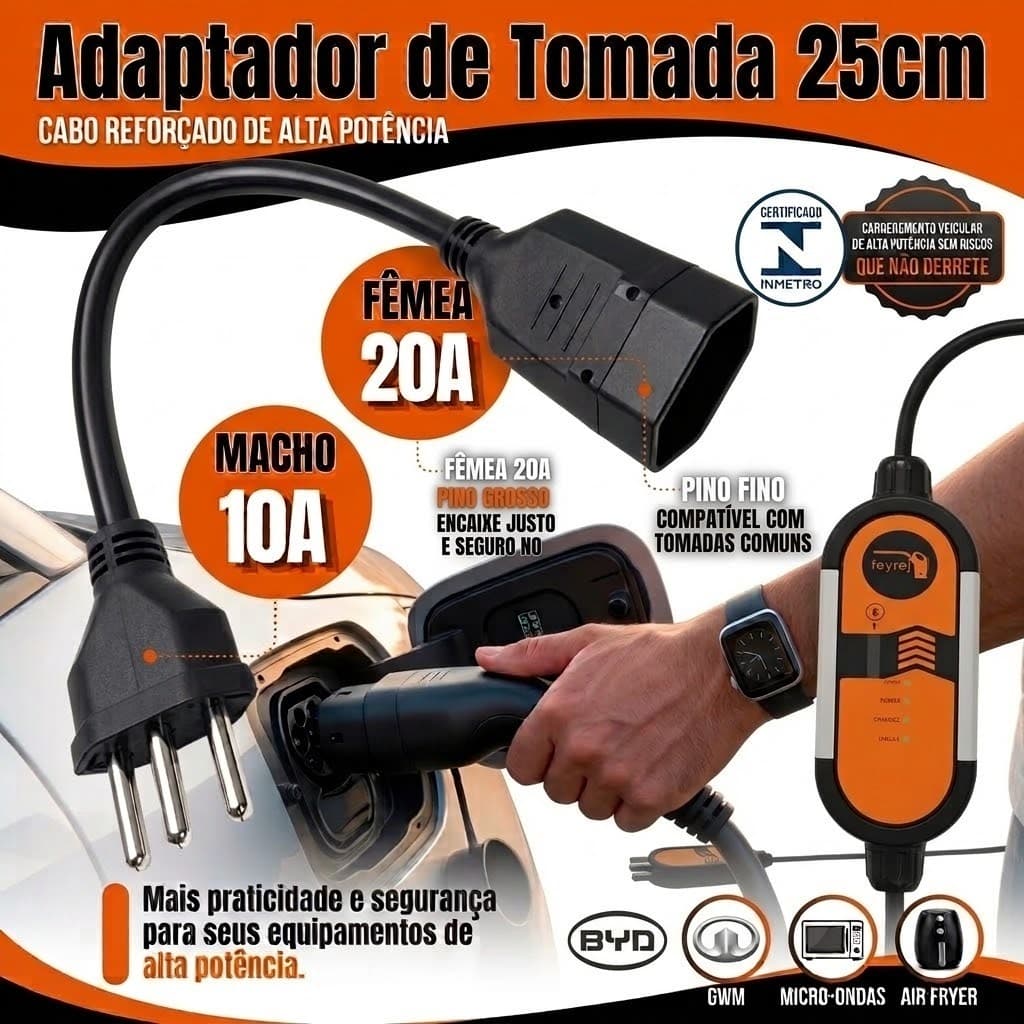 Adaptador de Tomada 20A para 10A 25cm Bivolt Para Carros Elétricos BYD GWM Airfryer Micro-ondas e Fornos Elétricos