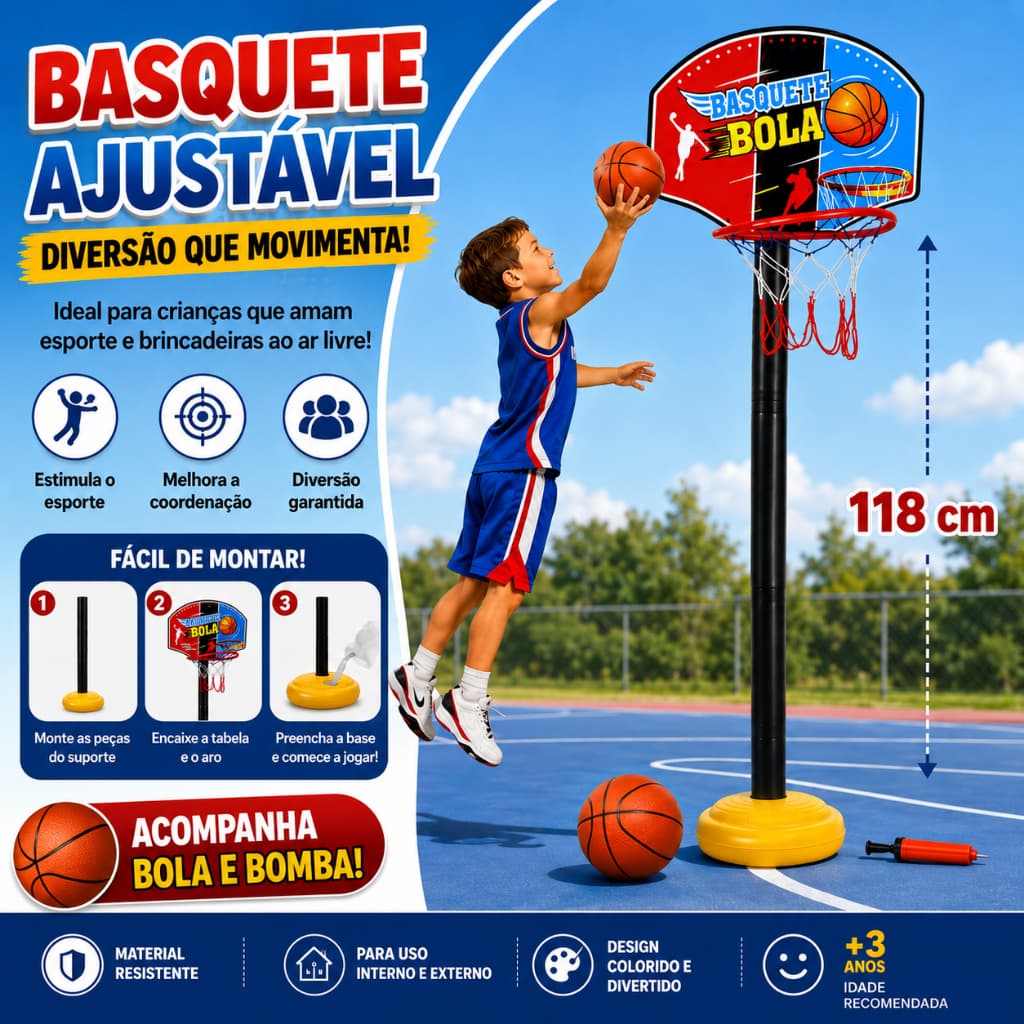 Tabela De Basquete Infantil Com Pedestal Completa Aro Bola Rede Pais E Filhos 118 cm