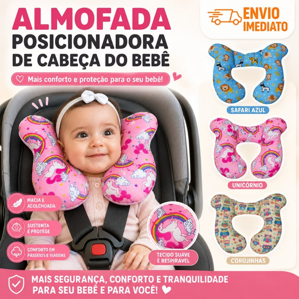 Almofada Apoio Cabeça e Pescoço Bebê Cadeirinha Bebê Conforto Carro Viagem 0 a 24 Meses