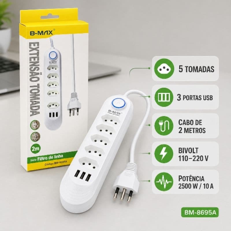 Extensão tomada B-Max BM-8695A com 5 Tomadas, 3 Portas USB e Cabo de 2 Metros – Bivolt