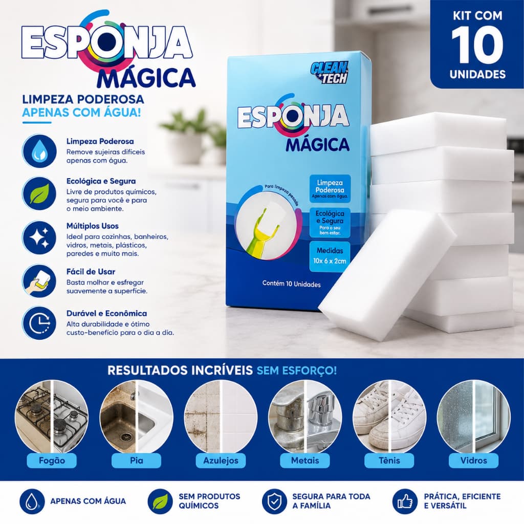 Kit 5 /10 Esponja Mágica Multiuso Bucha Melamina Limpa Tudo Tira Manchas Difíceis Vidro Metal Parede