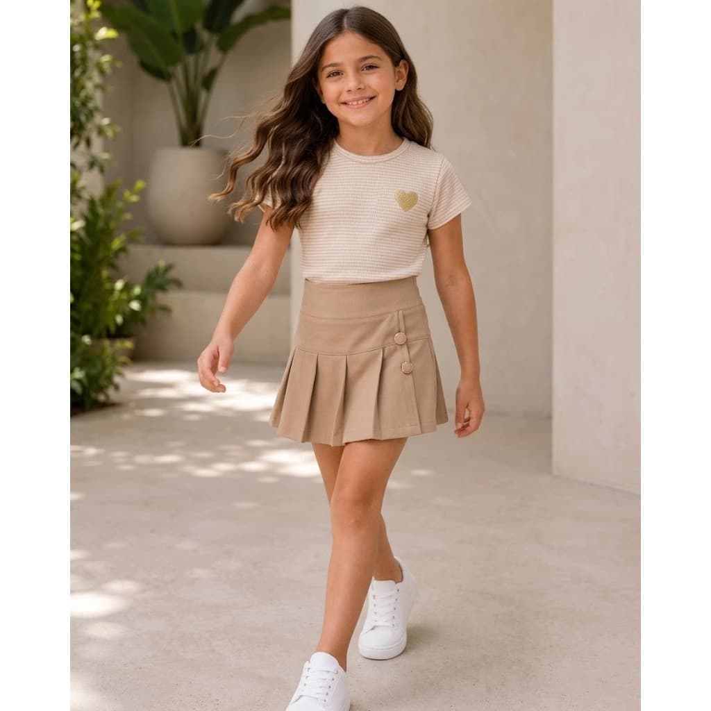 Conjunto Feminino Infantil – Blusa Canelada Listrada + Short-Saia Alfaiataria