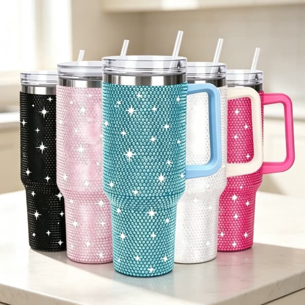 Copo Termico de Aco Inoxidavel 1200ml com Pedrarias Brilhantes Tampa e Canudo de Metal ou Plastico para Bebidas
