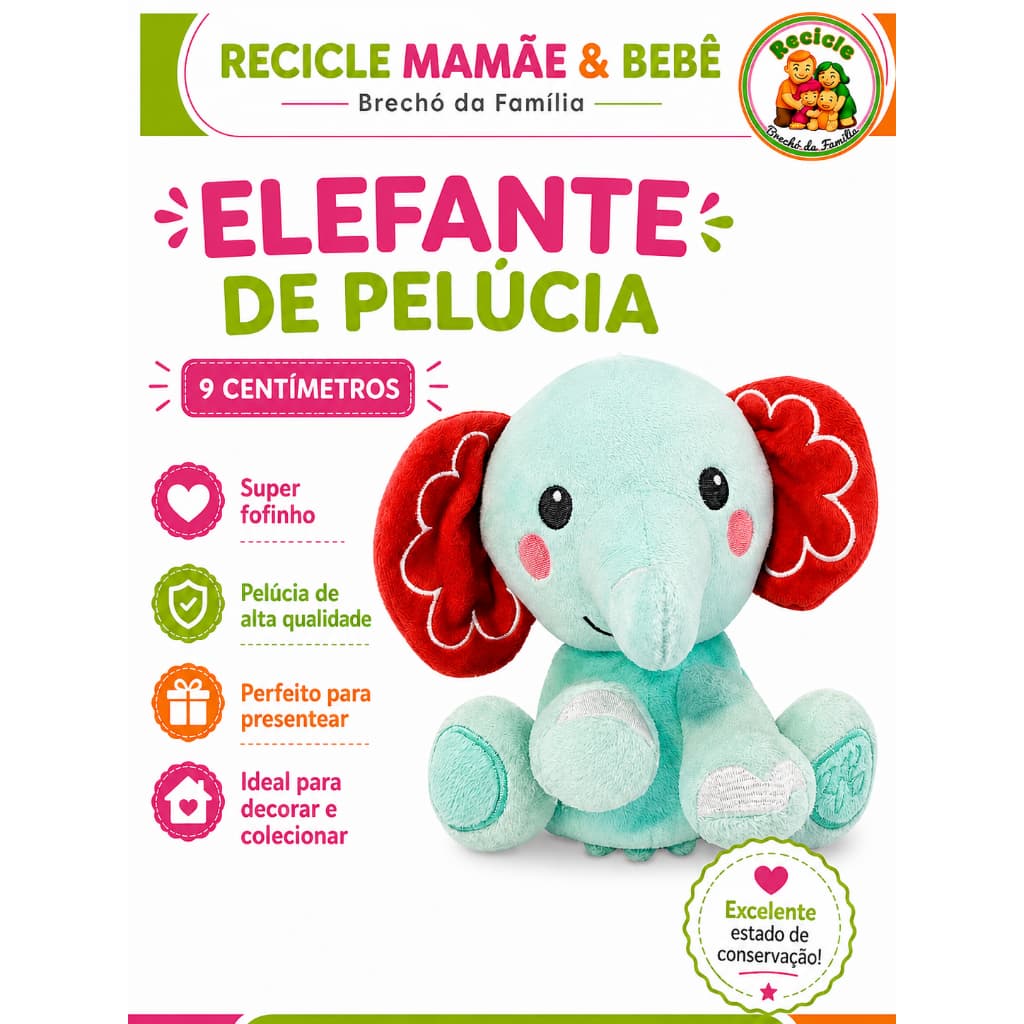 Elefante de Pelúcia 9 cm – Super Fofinho e Encantador 🐘💗(RECICLE MAMÃE E BEBE)