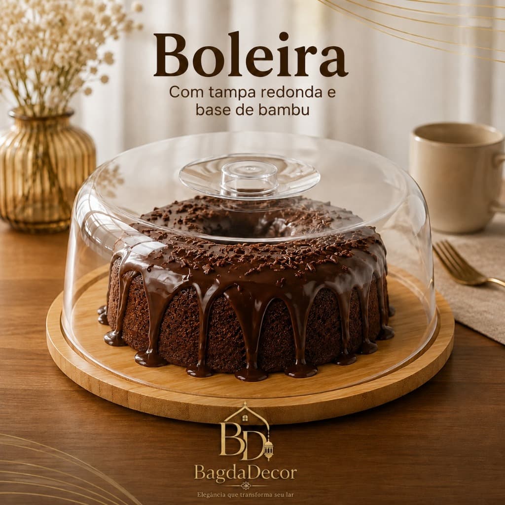 Boleira com Tampa Acrílica Base de Bambu 28cm Porta Bolo Torta Doces Mesa Cozinha Elegante Premium