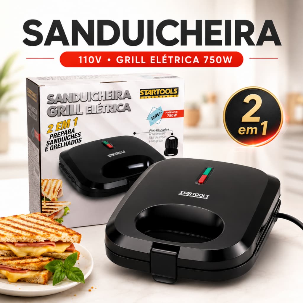 Sanduicheira Grill Elétrica Antiaderente Prensa Dupla Multifuncional 110V Ou 220V 750 Watts