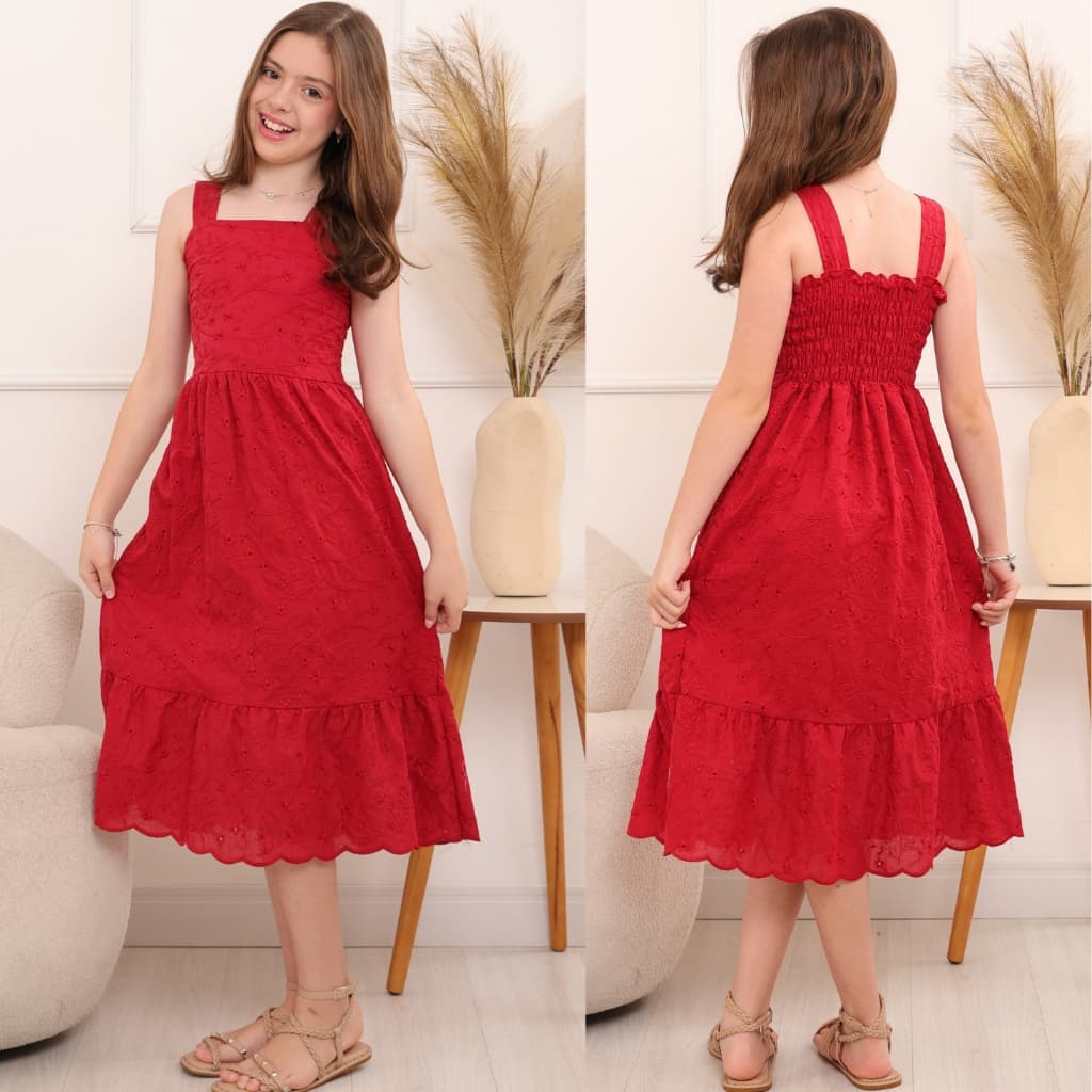 Vestido Infantil Juvenil Midi LAISE Bordado com Forro Festa Menina Elegante