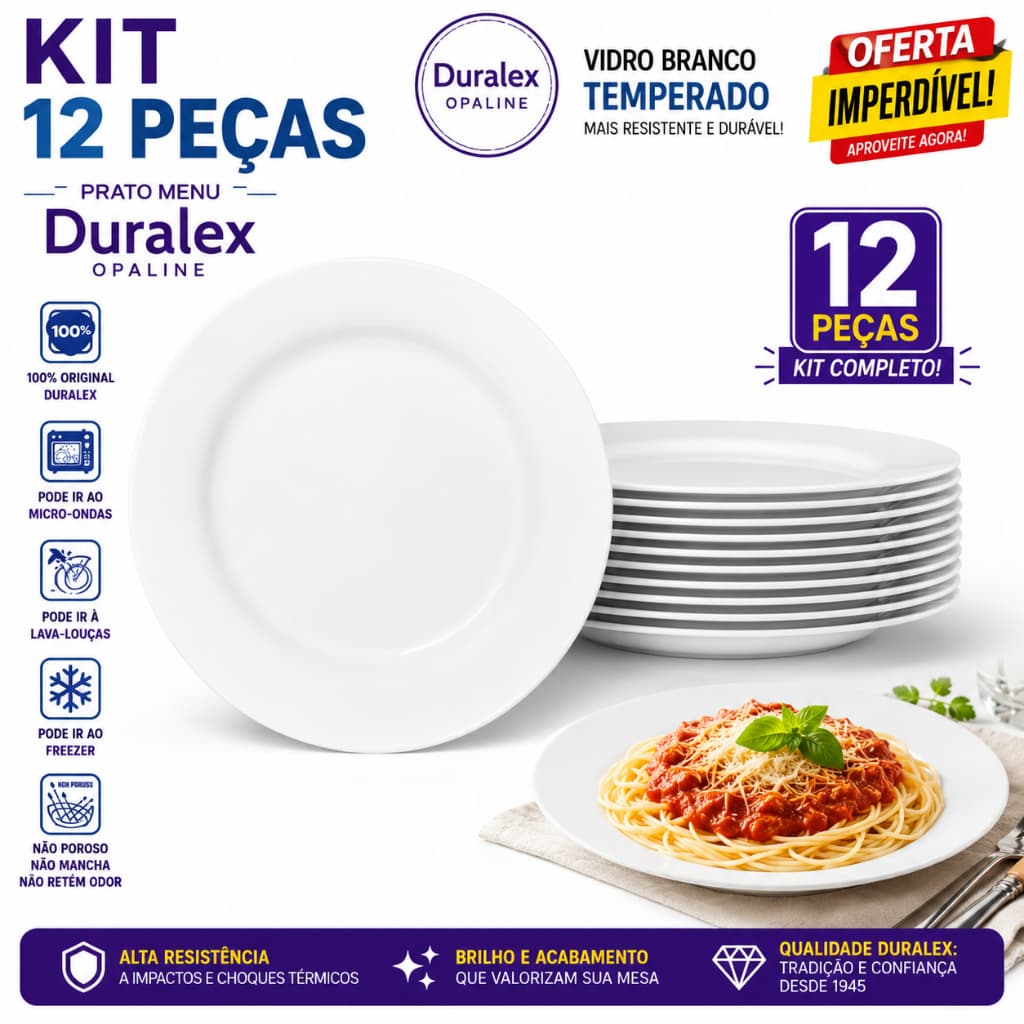 Kit jogo 12 Prato Opaline Menu Duralex Raso 24cm vidro Branco temperado Jantar Redondo mesa posta