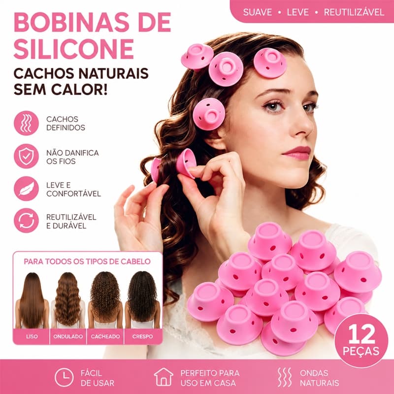 Kit 12 Unidades Rolo Modelador de Silicone para Cachos Naturais e Perfeitos