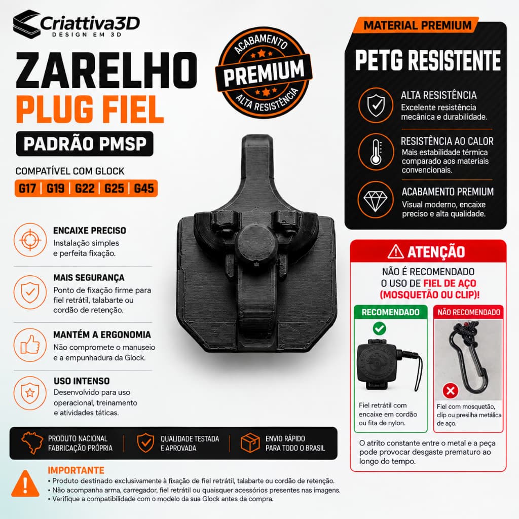 Zarelho Plug Fiel Glock G17 G19 G22 G25 G45 Padrão Original Acabamento Premium Super Resistente PMSEP GCM CAC POLICIA