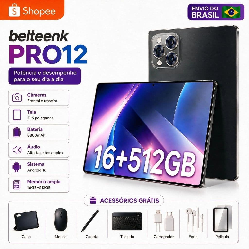 belteenk Tablet Pro12 | 16GB RAM 512GB | Tela HD 11.6" | Android 16 | 5G com | Bateria 8800mAh