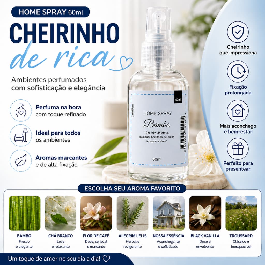 Home Spray Aromatizador Ambiente Carro Tecidos Alta Fixação Aroma Premium 60 ml