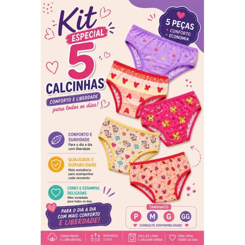 Kit Calcinhas Infantis em Suede Macio Estampadas Desenho Divertido Conforto Infantil Estampa Variadas Menina