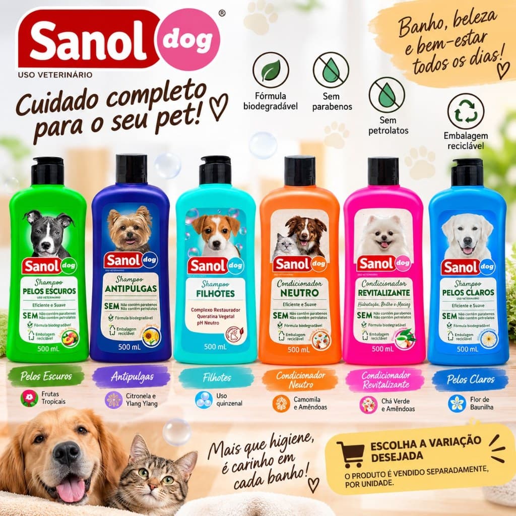 Shampoo ou Condicionador Sanol Dog 500ml – Pelos Claros, Escuros, Filhotes, Antipulgas e Neutro