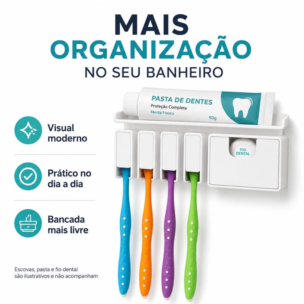 Organizador Banheiro S/ Furar Parede Porta 4 Escovas Pasta Fio Dental C/ Fita Dupla Face Porta Escova de Dente 4 Lugares