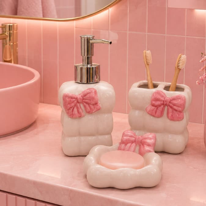 Kit Banheiro Porcelana Cerâmica Laço Rosa Porta Sabonete e Escova Princesa Fofo Menina Higiene