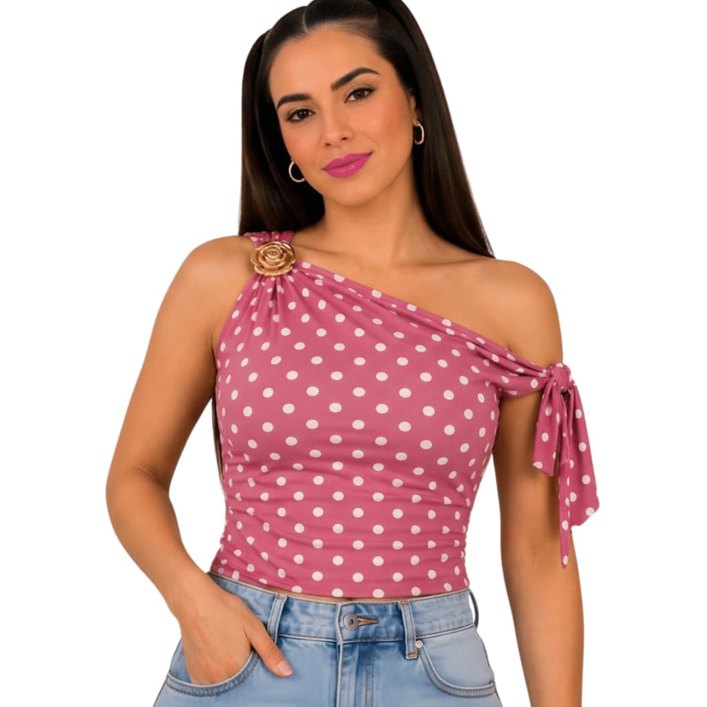 Blusa Feminina Poá Um Ombro Só Fivela Flor Dourada Laço Manga Cropped Justa Moda Verão