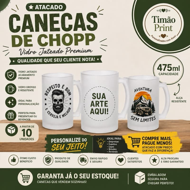 Caneca de Vidro Jateada 475ml Personalizada – Venda em Quantidade| Sua arte aqui