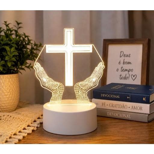 LUMINARIA LED CRUZ ACRILICO. C/USB (BRANCO QUENTE) 20X13cm (FLORARTE)