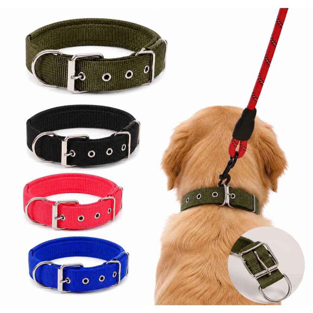 Coleira de Nylon Dupla Camada de Forro Com Costura Reforçada Fivela de Metal Para Cachorro Grande Médio Porte