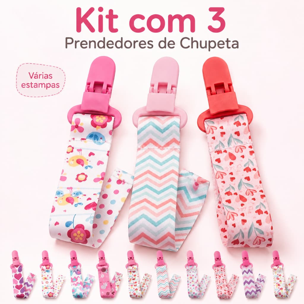 Kit Com 3 Prendedores De Chupeta Bebê Menina Cordinha Lavável Universal e Costura Reforçada