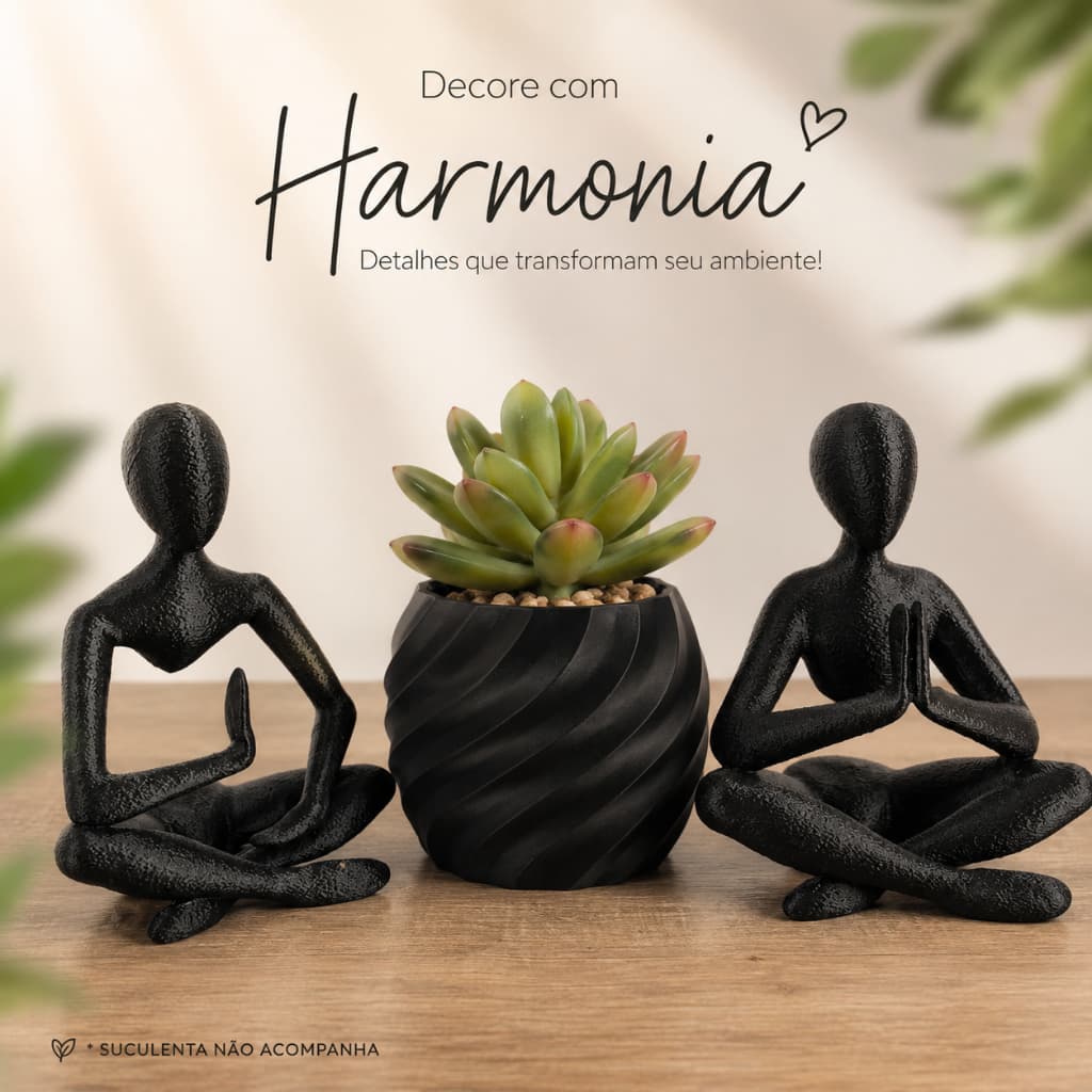 Kit Decorativo Meditação com 2 escultura + Vaso Espiral para Suculenta | Decoração Zen