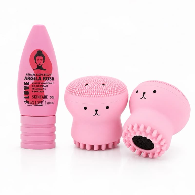 Kit Skincare Máscara Facial Peel Off Argila Rosa 50g + Escova de Limpeza Facial Silicone