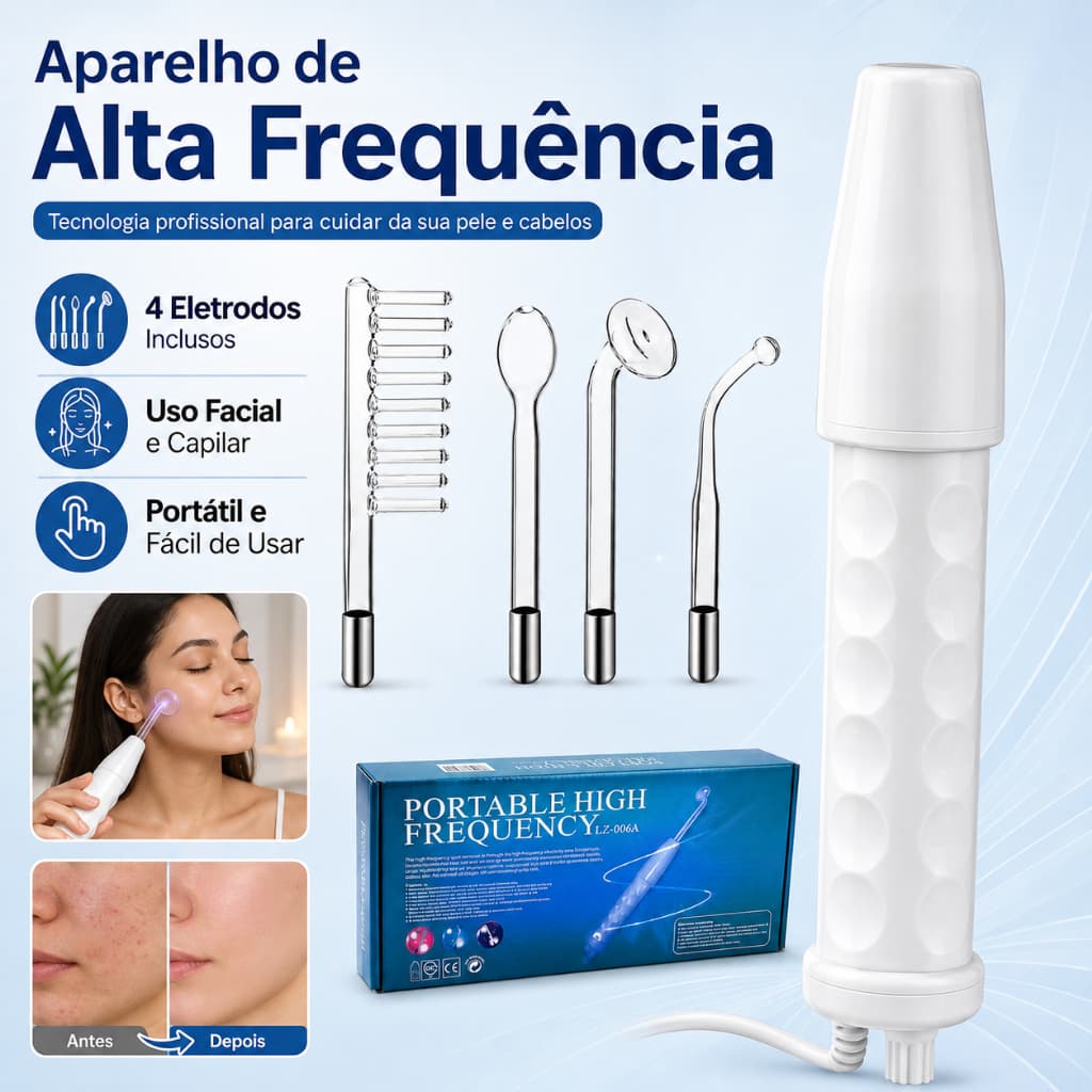 Aparelho Alta Frequência Portátil Facial e Capilar 4 Eletrodos para Cuidados com a Pele e Couro Cabeludo