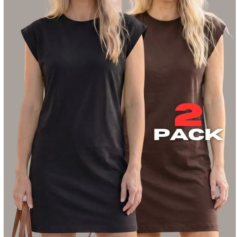 Kit 2 Vestidos Feminino Muscle Tee 100% Algodão Casual Gola Redonda Modelagem Reta Acinturada