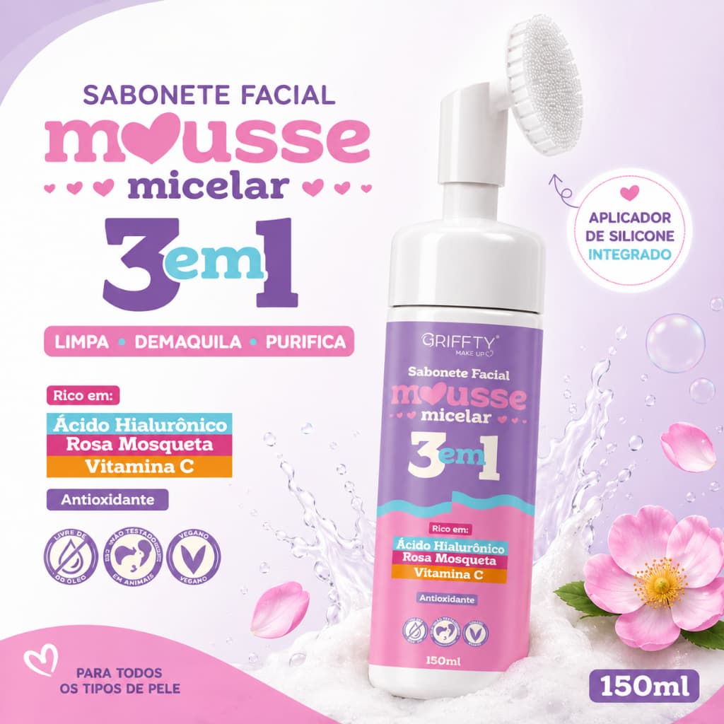 Sabonete Facial Mousse Micelar 3 em 1 Griffy 150ml Ácido Hialurônico Vitamina C Rosa Mosqueta Skincare