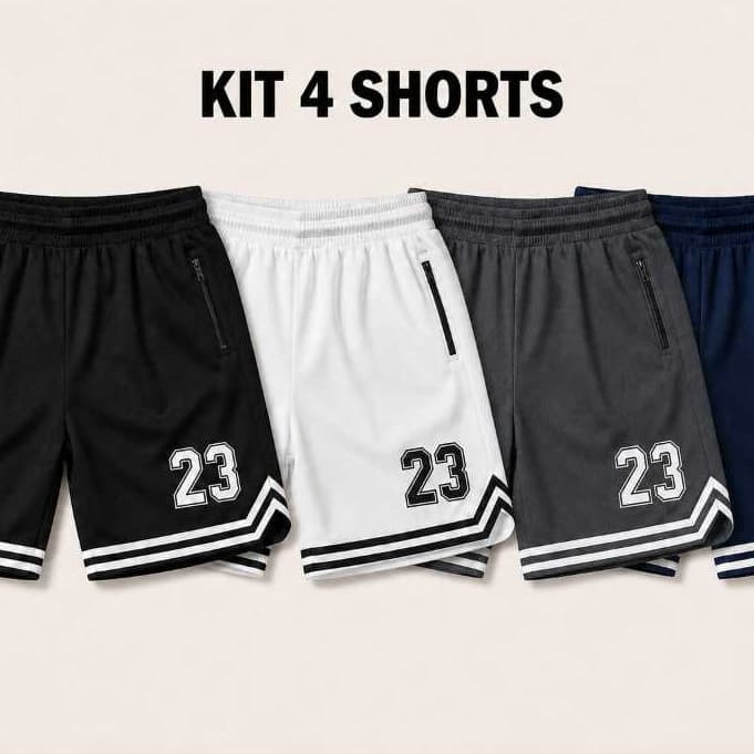 Kit 4 Bermudas Masculinas Basquete Dry Fit Shorts Esportivos Cores Sortidas Academia Treino Verão com Bolsos e Zíper