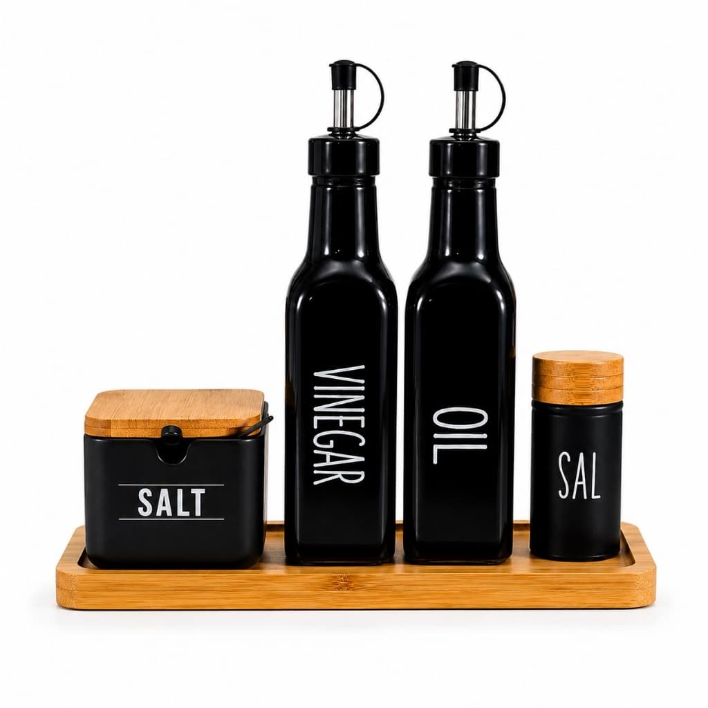 Kit Galheteiro Completo Preto com Bandeja de Bambu Saleiro Azeiteiro Vinagreiro e Saleiro de Mesa
