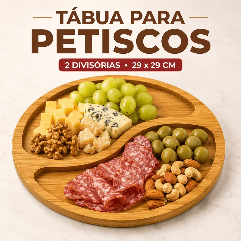 Petisqueira Tábua de Frios MDF 29x29 2 Divisórias Petiscos Queijos Aperitivos Churrasco Estilo Bambu