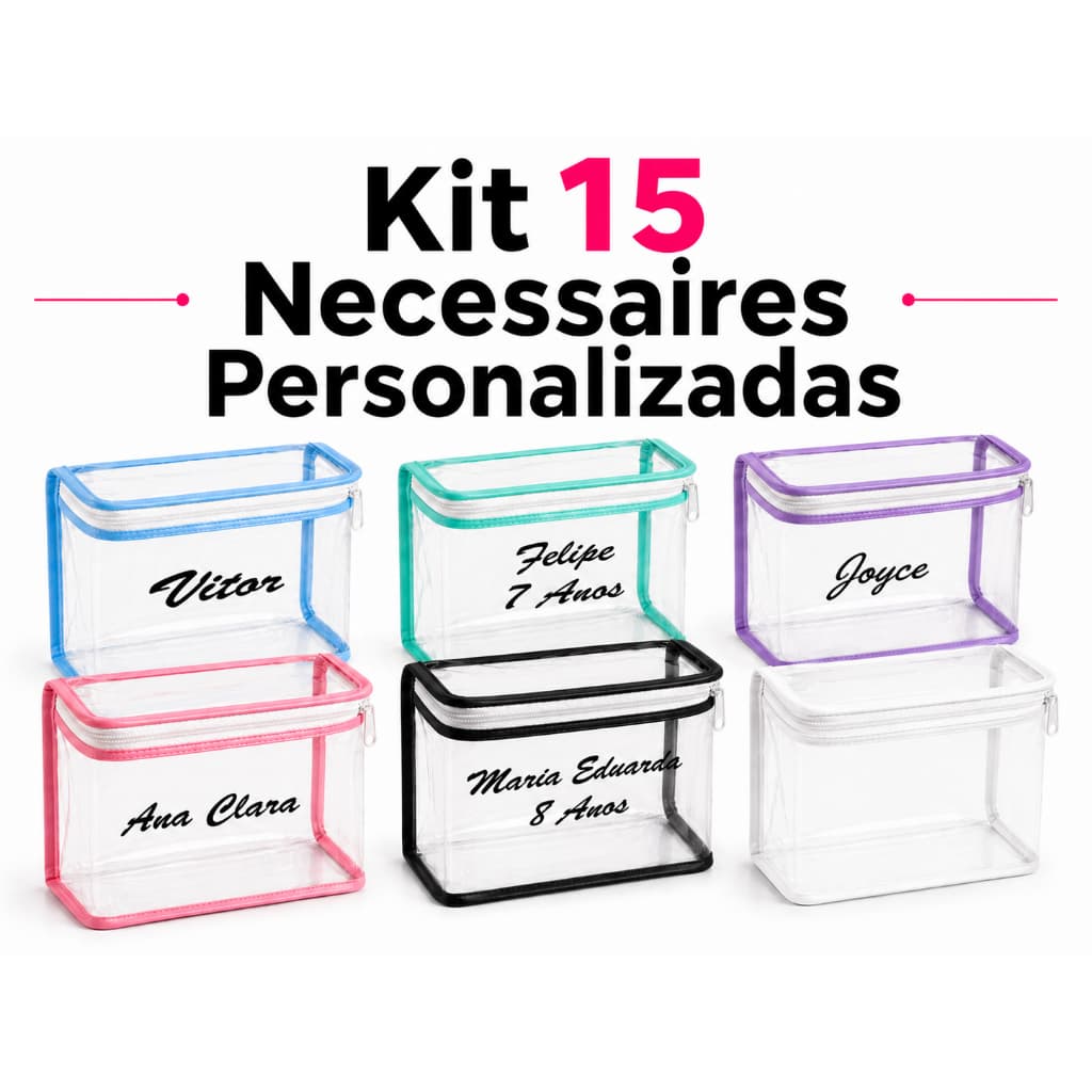 Kit 15 Necessaires Personalizadas Transparentes com Zíper | Organizadores kit festa  e Dia a Dia
