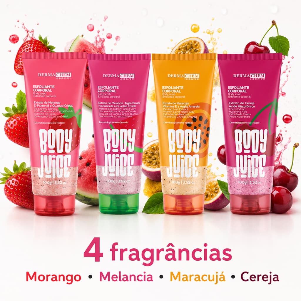 Kit 4 Esfoliantes Corporais Body Juice Dermachem Morango Melancia Maracujá e Cereja 100g