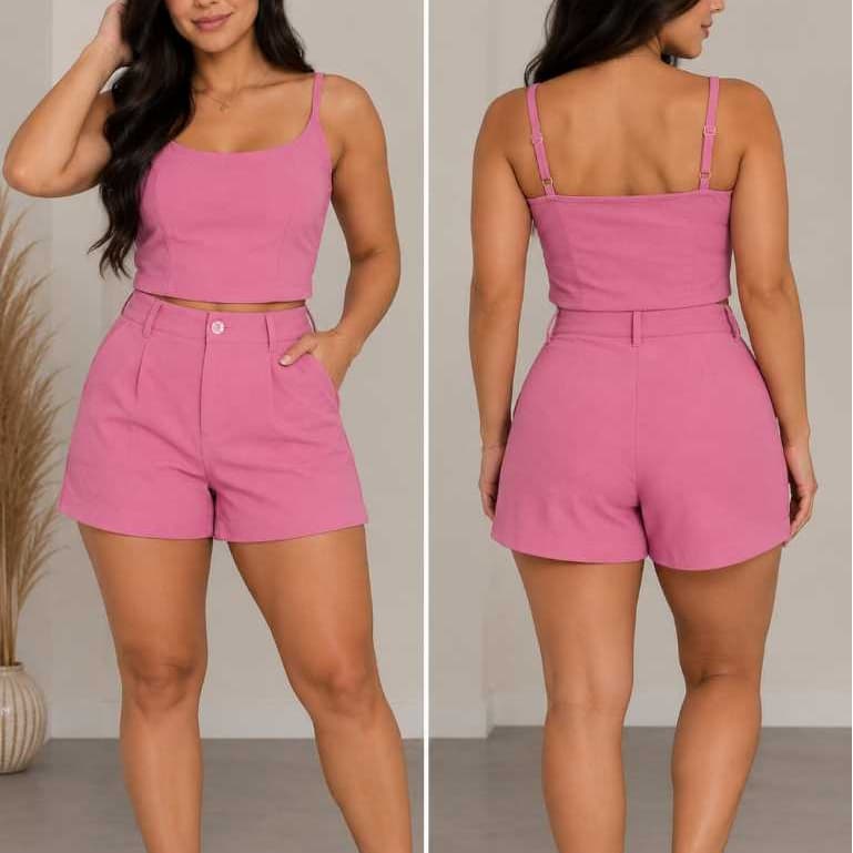Conjunto Feminino Marrant Cropped Regata Alça Regulável + Short Cintura Alta com Bolso M G GG