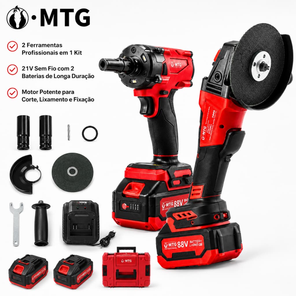 Kit Ferramentas 2 em 1 21V Sem Fio | Esmerilhadeira Angular + Chave de Impacto | 2 Baterias Completa de Acessórios