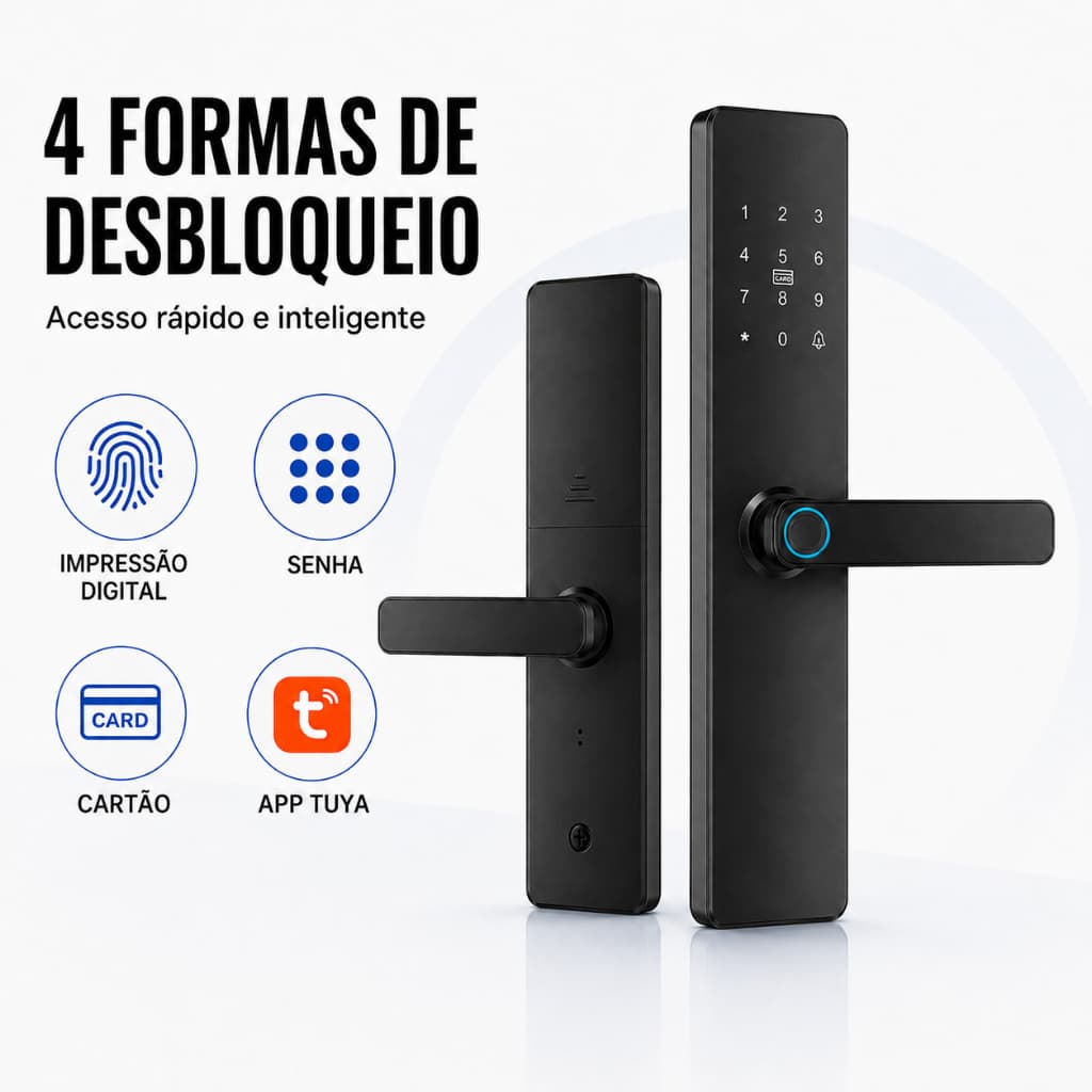 Fechadura Digital Eletrônica Inteligente Biométrica WiFi Tuya para Porta com Senha Cartão Impressão Digital e App