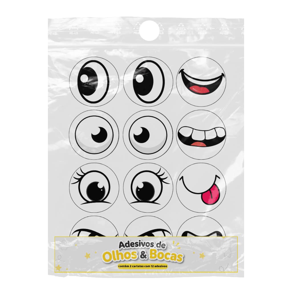 Cartela de Adesivos Olhos e Bocas - 2 cartelas c/ 12unds