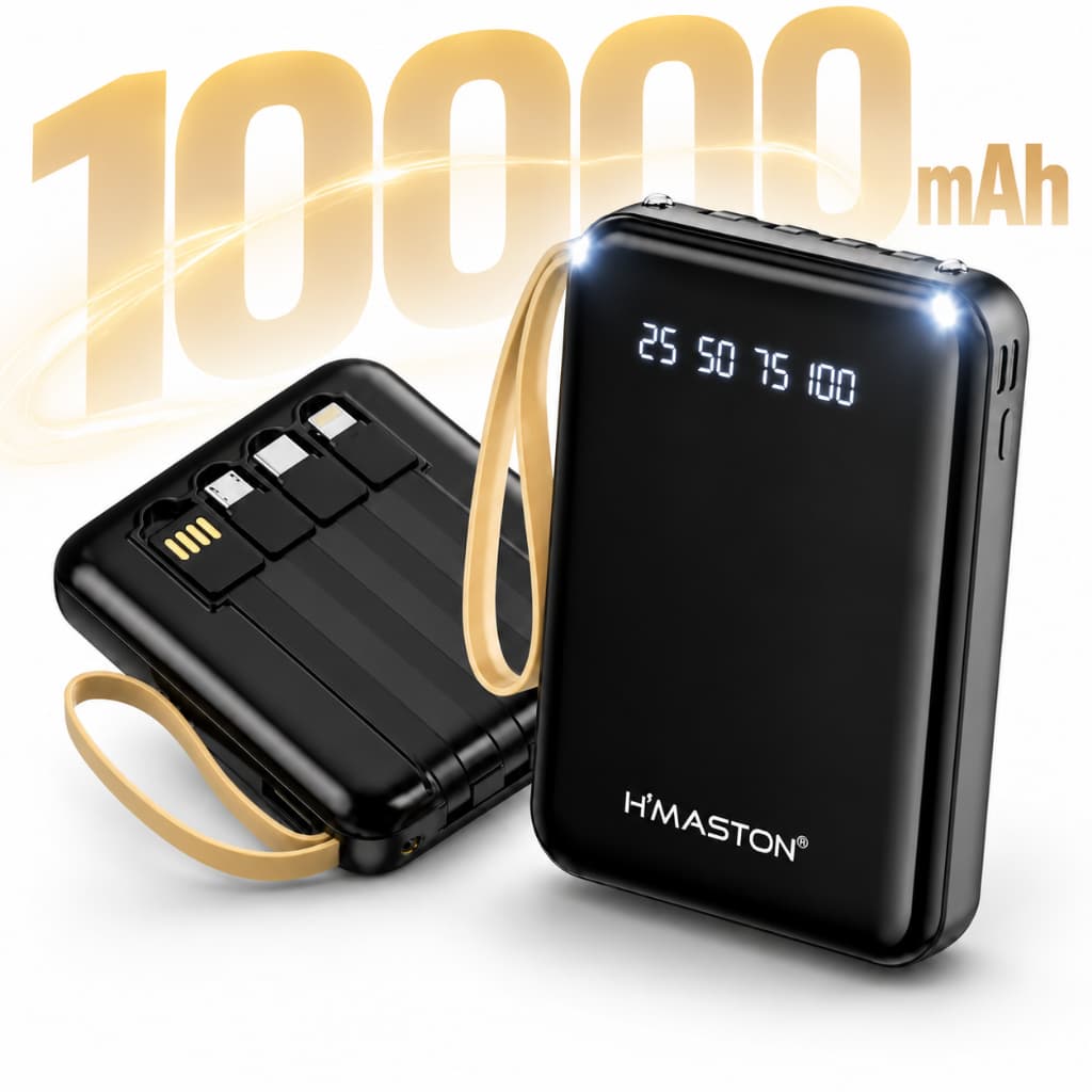 Carregador Portátil Mini Power Bank Carregador 10000mAh Original Turbo 4 Cabos Embutidos Visor LED H'maston YD67