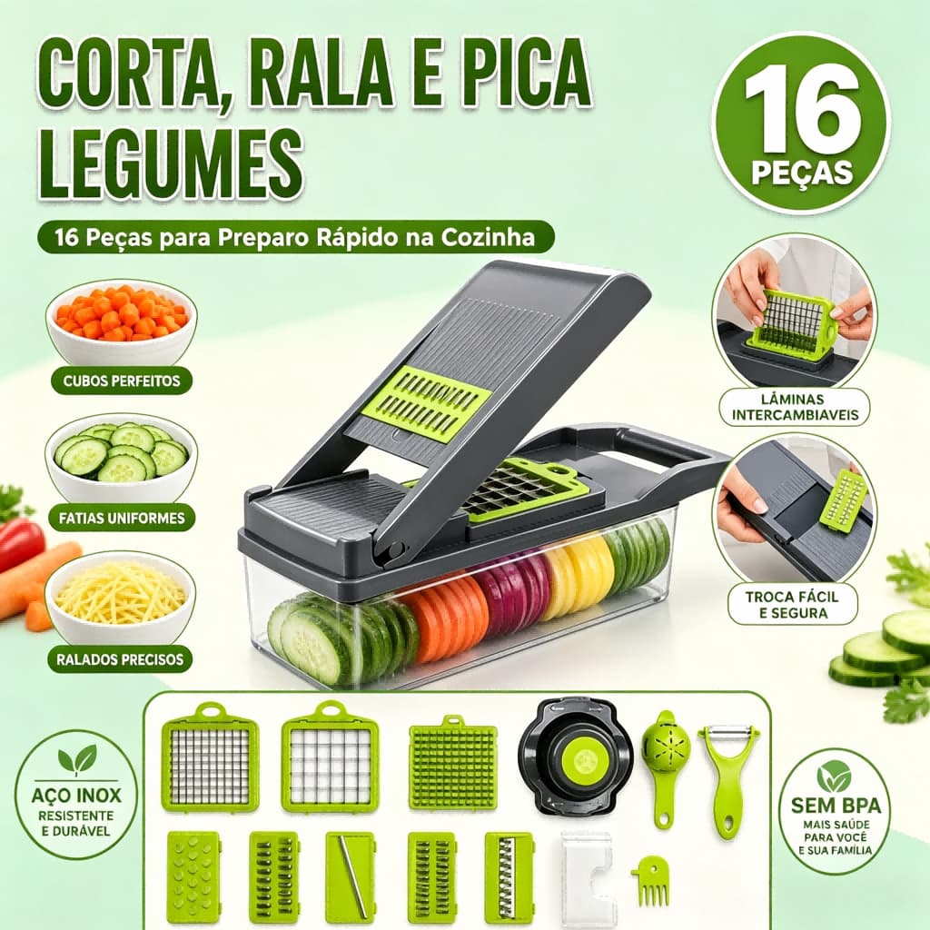 Fatiador de Legumes 16 Peças Multifuncional, Corta, Rala e Pica, Lâminas Intercambiáveis para Preparo de Alimentos