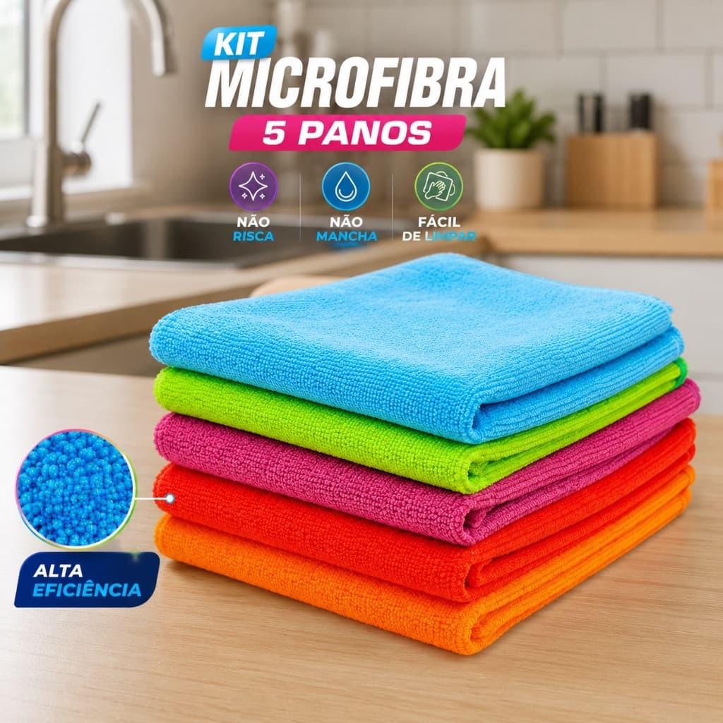 Kit 5 Flanela Microfibra Limpa Vidro Pia Pano Multiuso 30x30cm Sortido