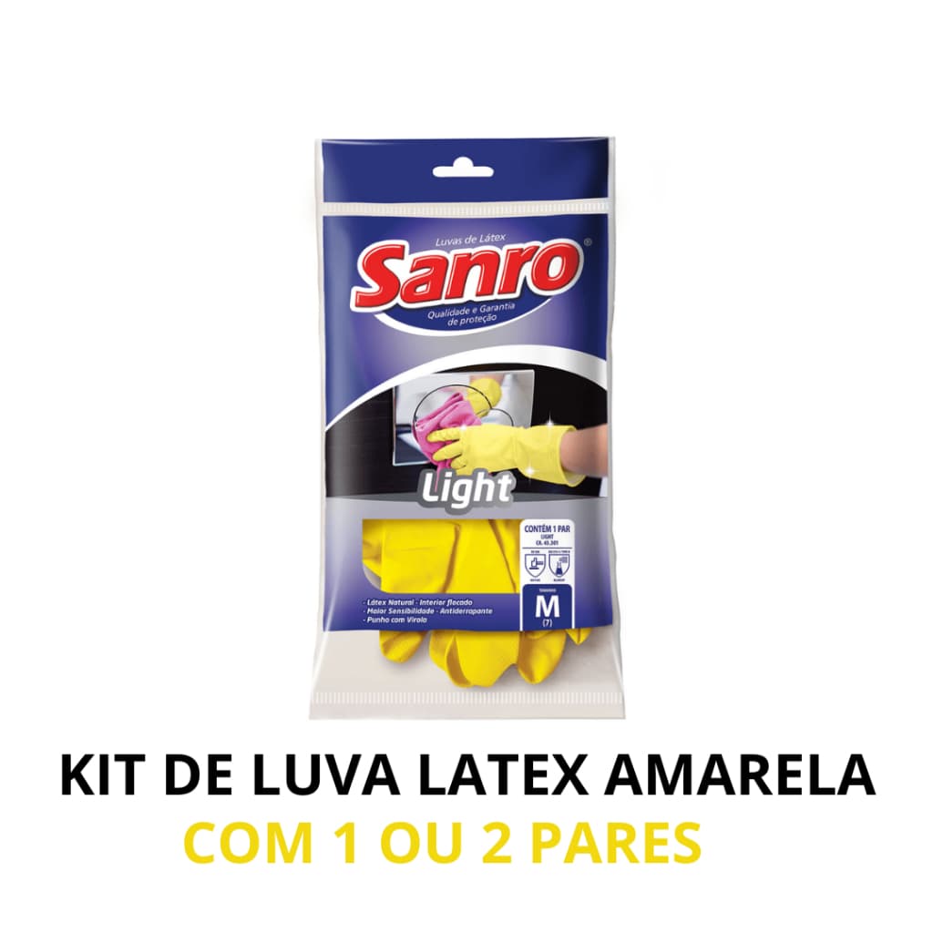 Kit Luva Light Natural Látex Amarela 1, 2 Unidades Limpeza Cozinha Banheiro Antiderrapante