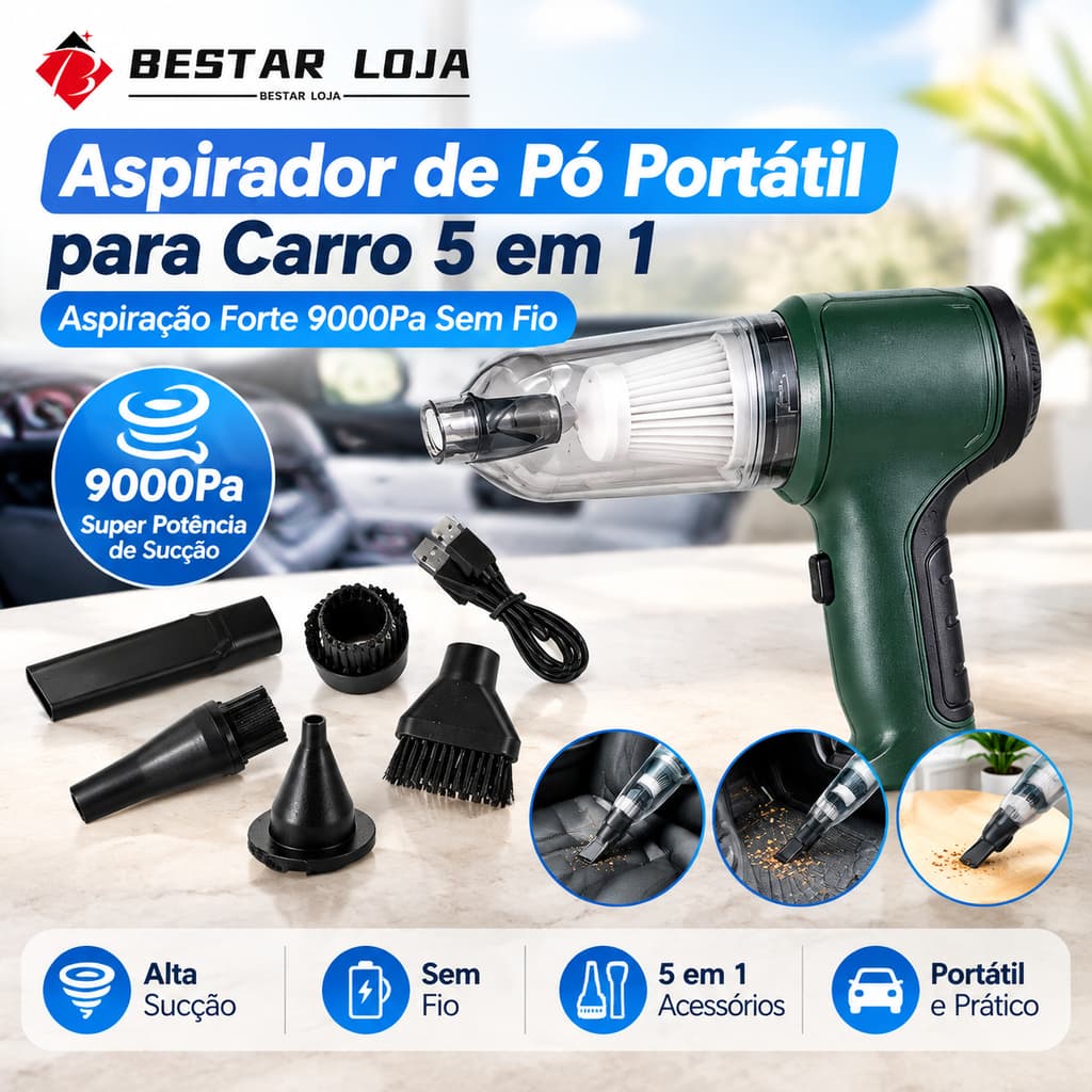 BESTAR LOJA  Aspirador de Pó Portátil para Carro 5 em 1 Sucção Forte 9000Pa Sem Fio