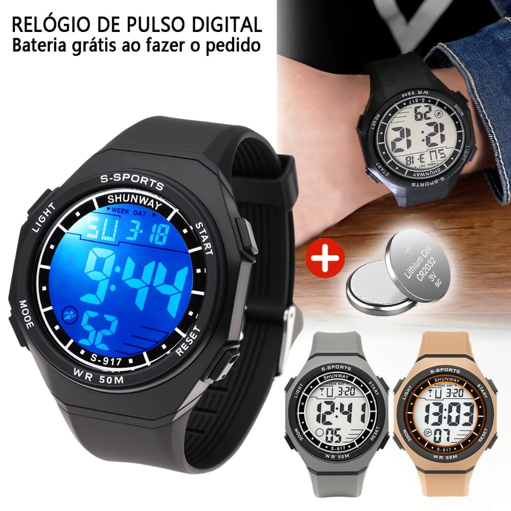 Relógio Digital Masculino De À Prova D'água Eletrônico Esportivo Cronômetro Luminoso Multifuncional