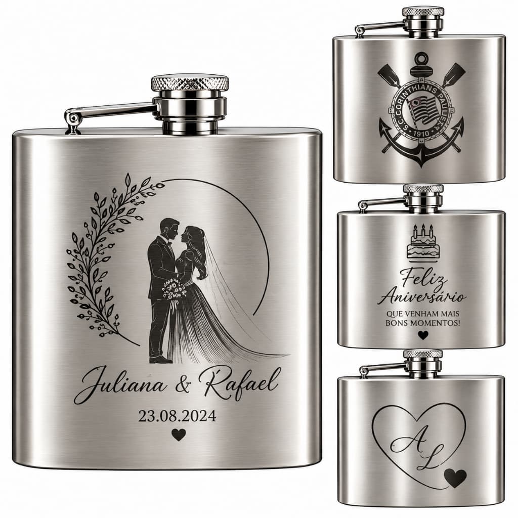 Cantil de Bolso Porta Whisky Personalizado Brinde Logo Nome 6oz 170ml Aço Inox Portátil Presente