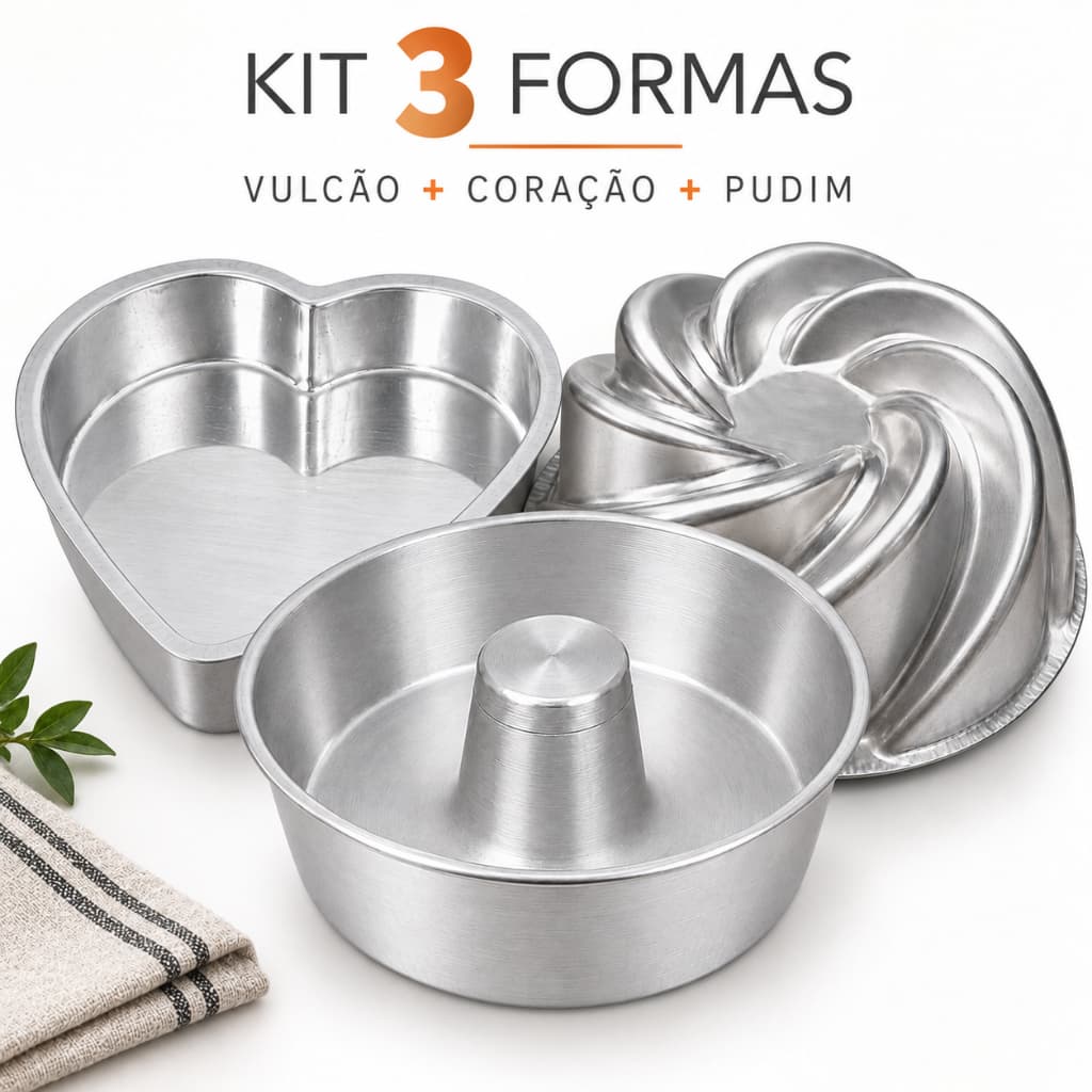 Kit 3 Formas de Alumínio | Vulcão + Coração 01 + Pudim 18