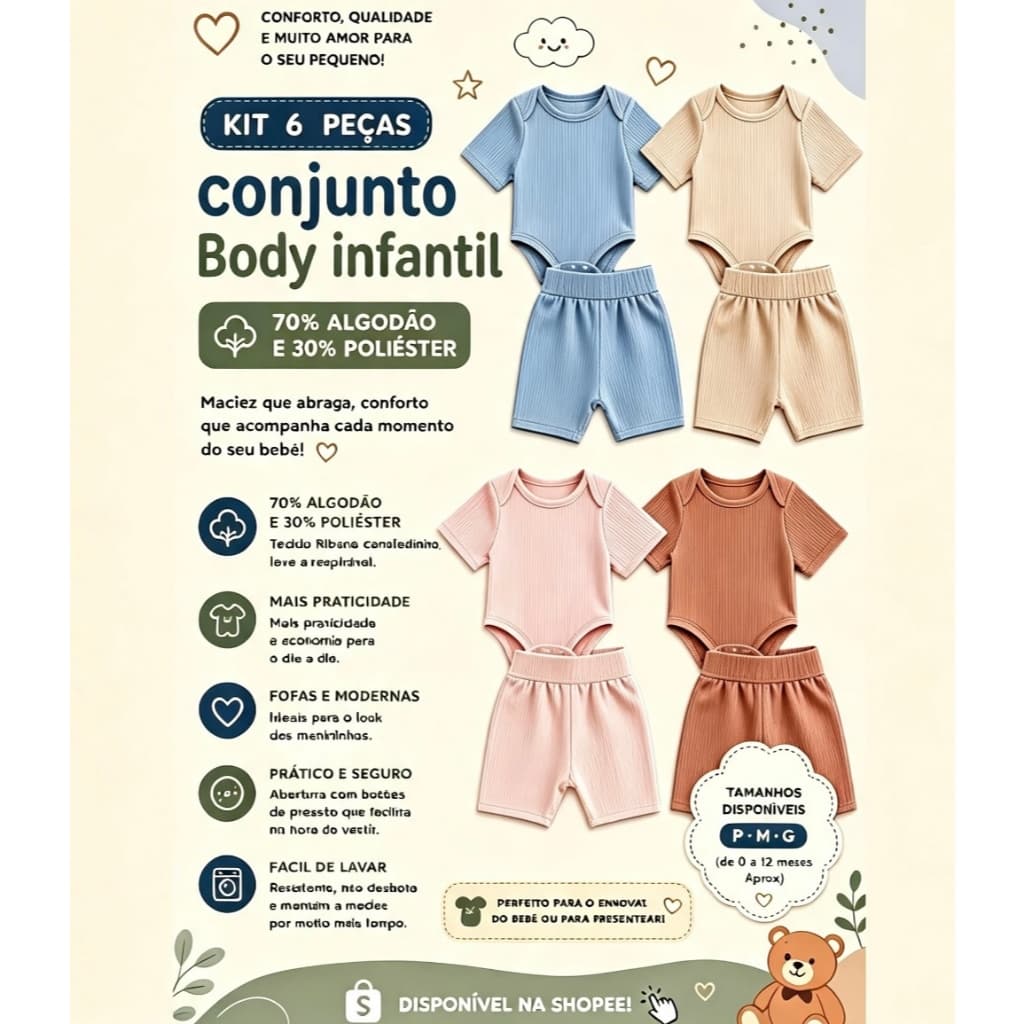 6 Peças De Body Curto e Tapa Fralda Verão Para Bebe