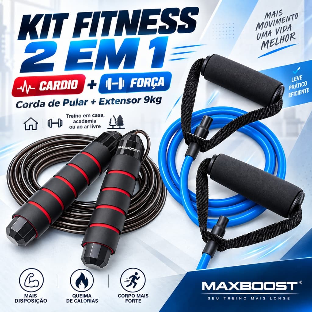 Kit Fitness Maxboost 2 em 1 Corda de Pular + Extensor Elástico 9kg para Treino Funcional Cardio e Musculação