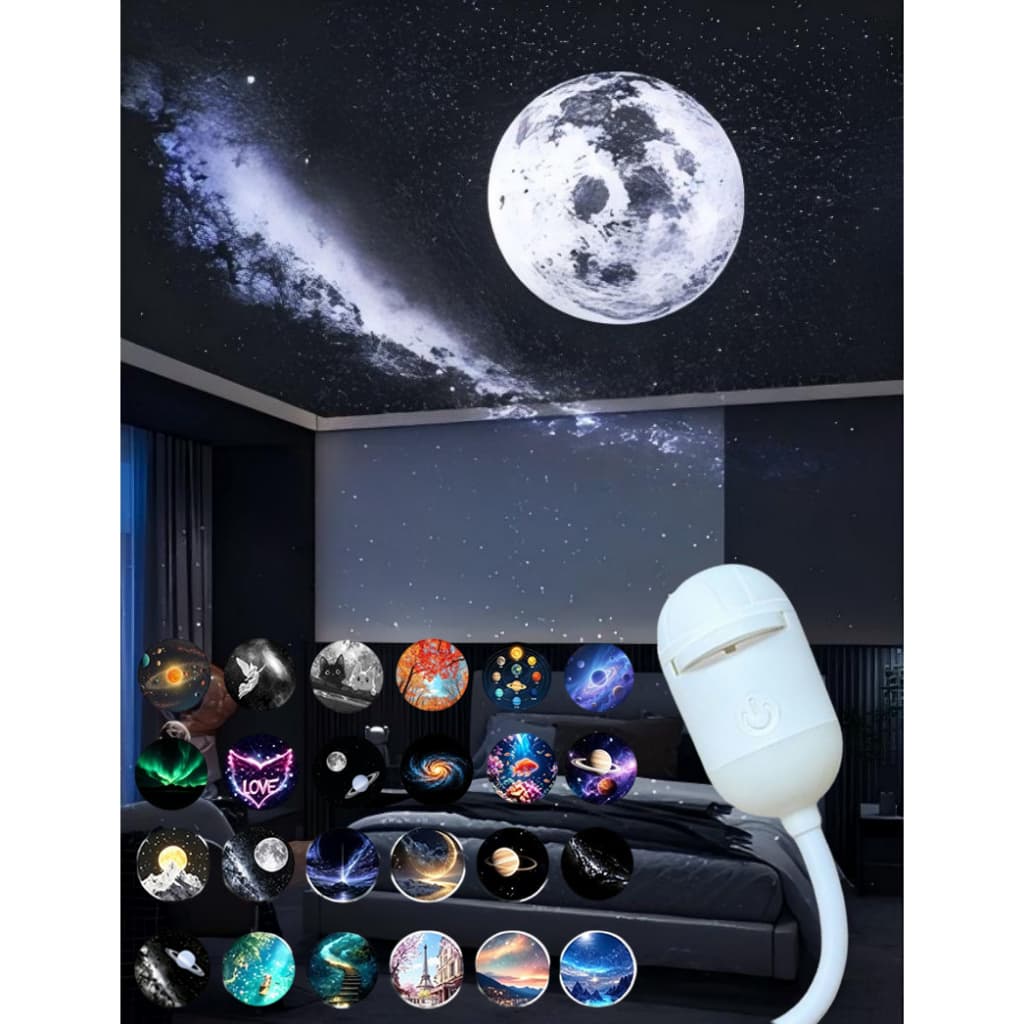 Mini Projetor de Galáxia USB Luz Noturna, 6 a 24 Padrões, Luz de Atmosfera para Quarto e Carro